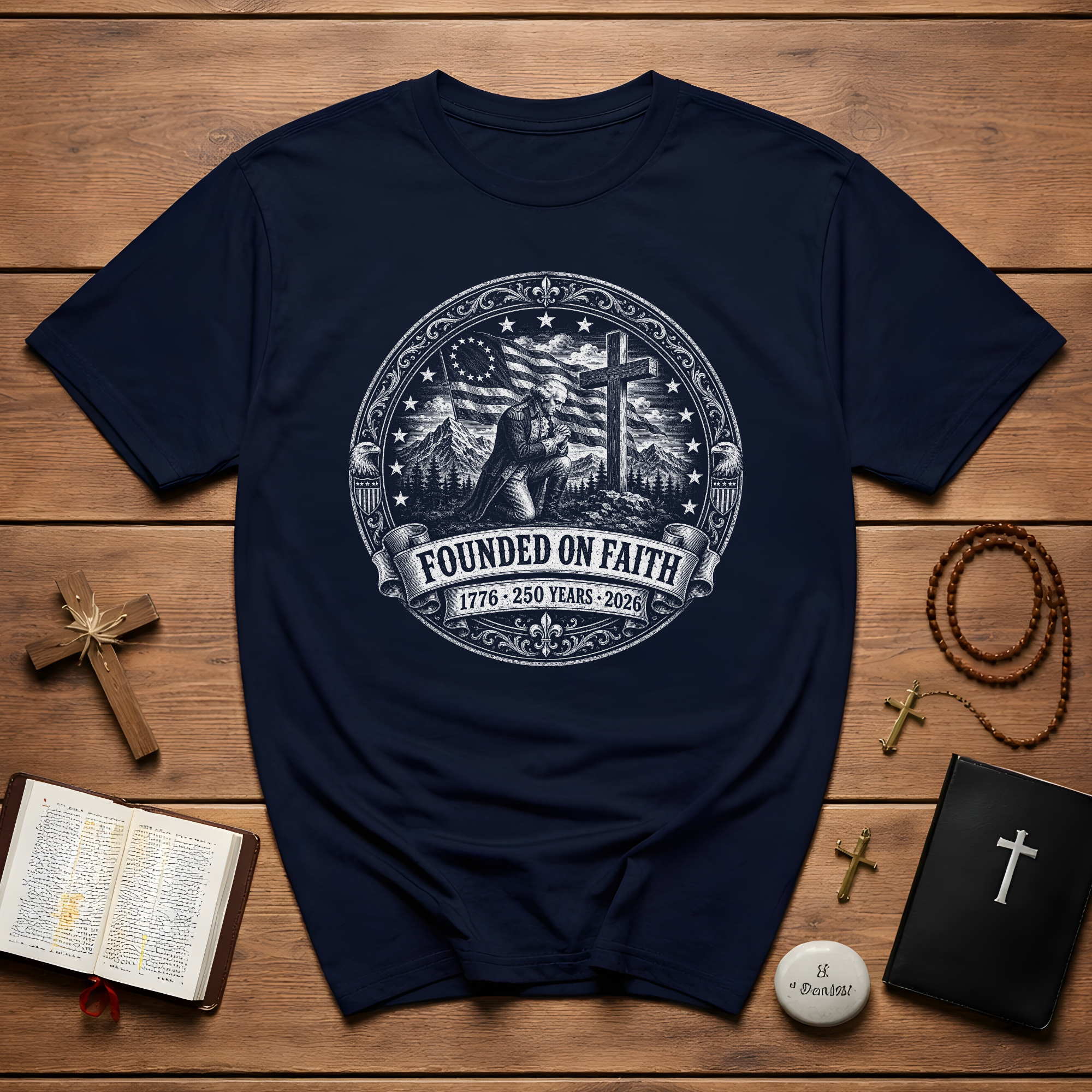 Founded On Faith 1776 250 Years 2026 Christian American Patriot Prayer Cross USA Flag