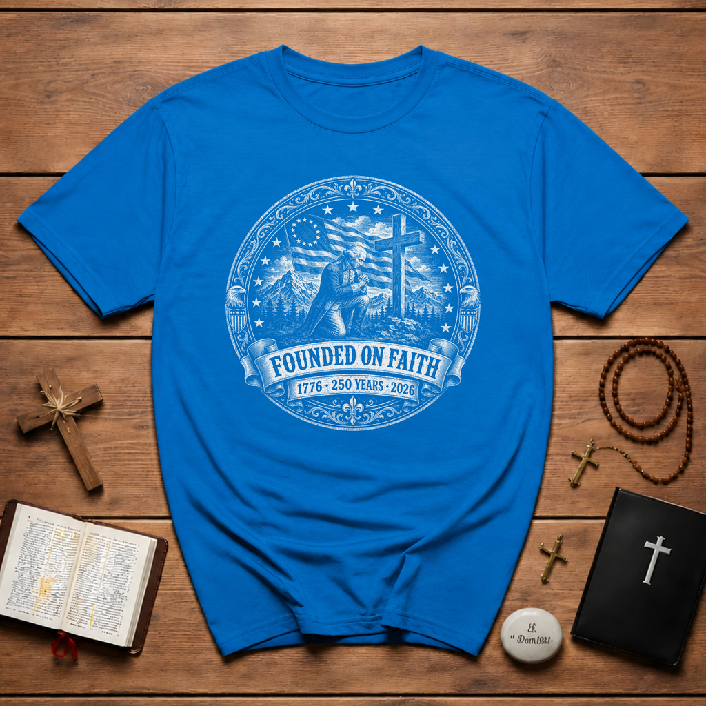 Founded On Faith 1776 250 Years 2026 Christian American Patriot Prayer Cross USA Flag