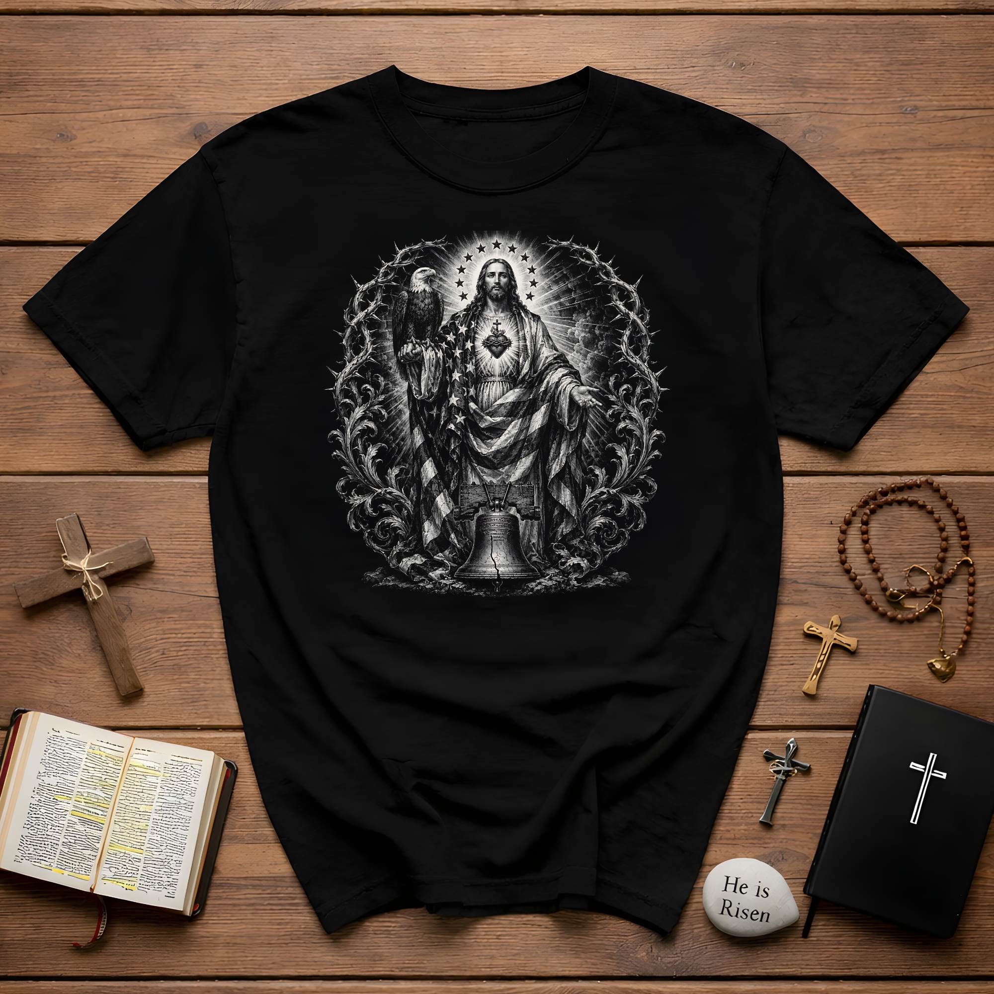 Jesus Sacred Heart American Flag Eagle And Liberty Bell Christian Patriotic USA Faith T-Shirt