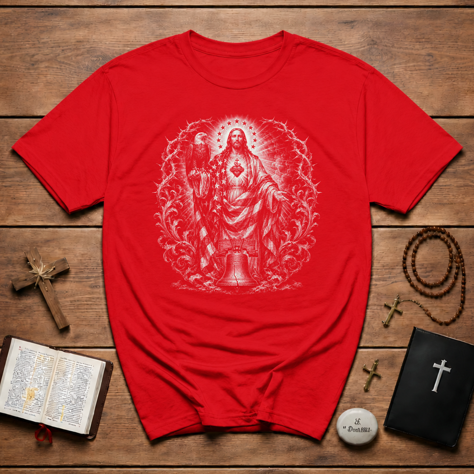 Jesus Sacred Heart American Flag Eagle And Liberty Bell Christian Patriotic USA Faith T-Shirt
