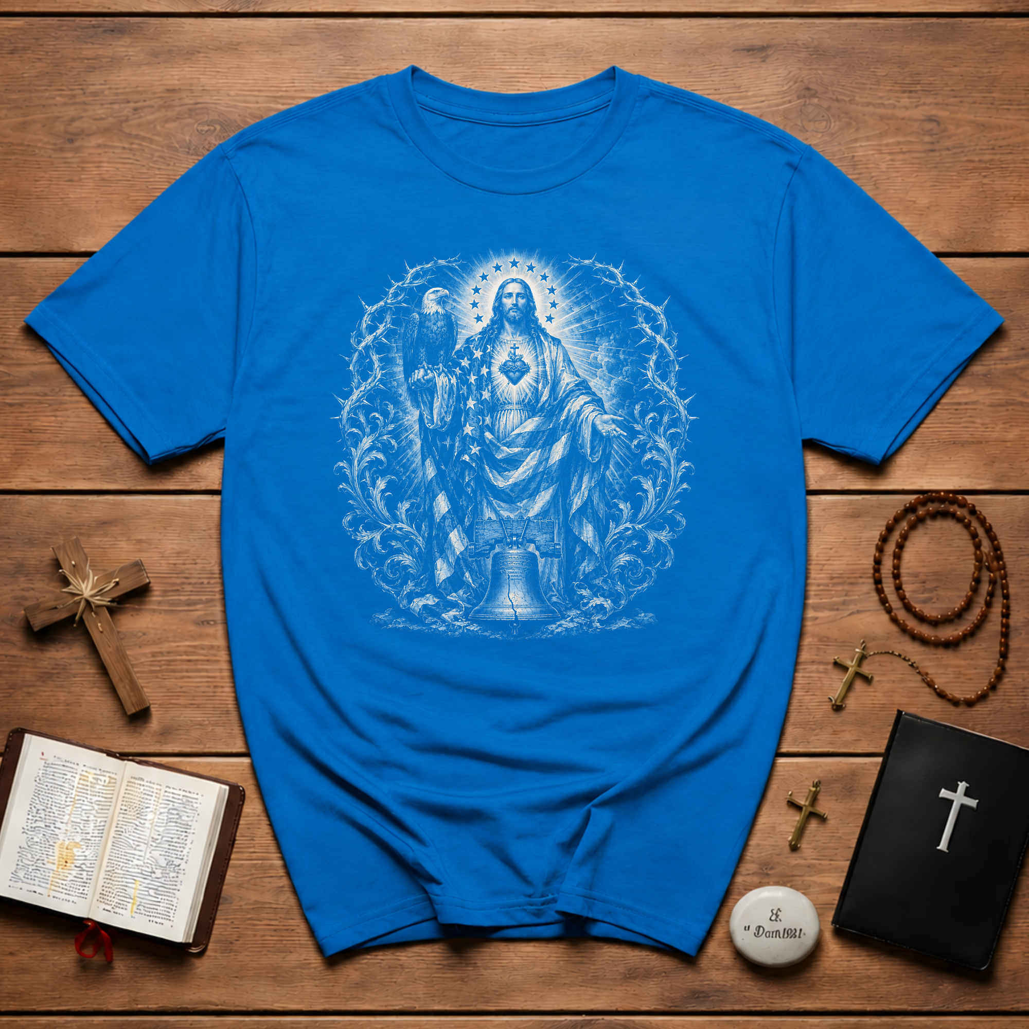 Jesus Sacred Heart American Flag Eagle And Liberty Bell Christian Patriotic USA Faith T-Shirt