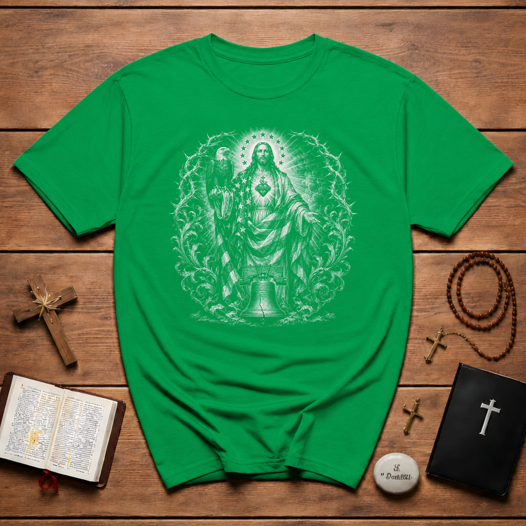 Jesus Sacred Heart American Flag Eagle And Liberty Bell Christian Patriotic USA Faith T-Shirt