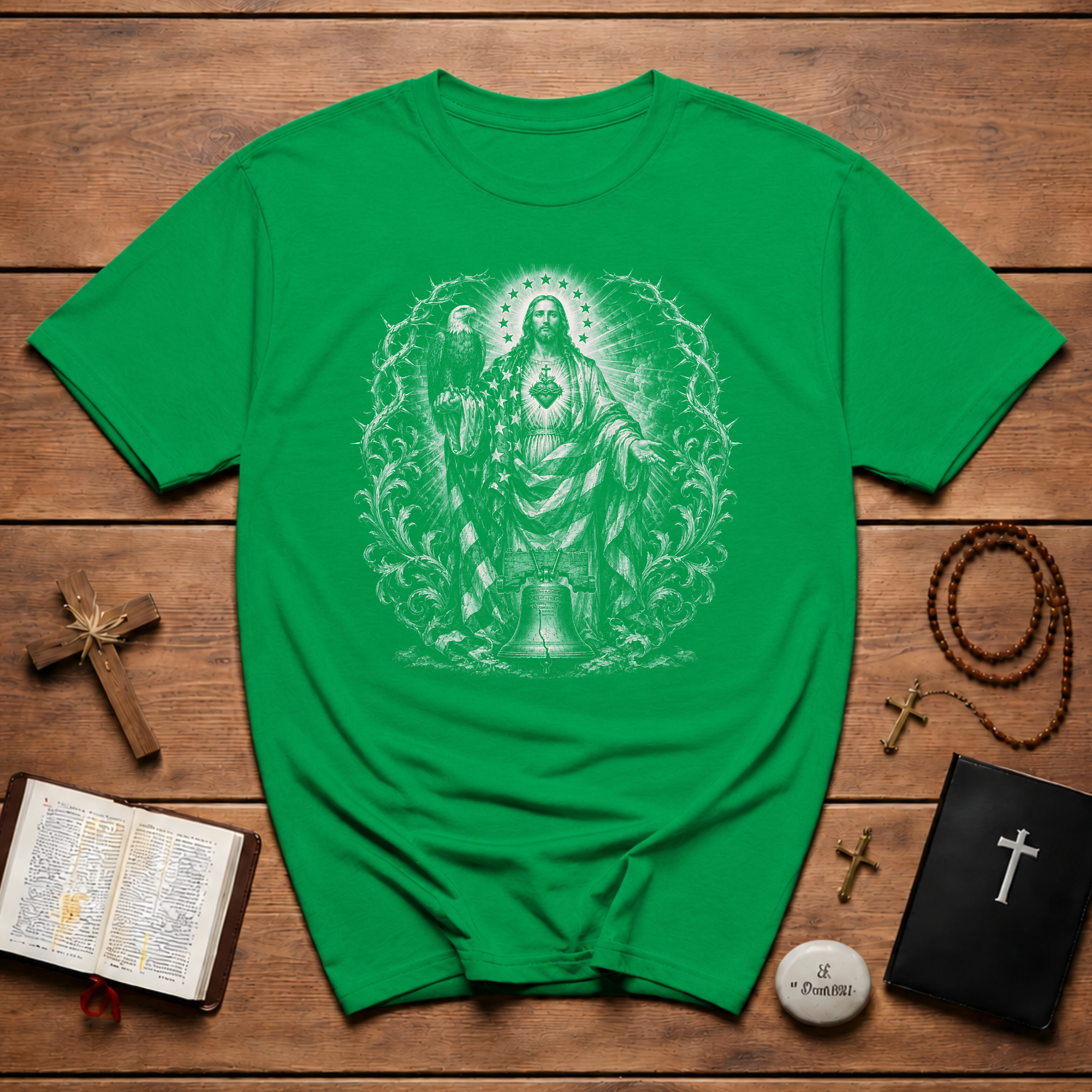 Jesus Sacred Heart American Flag Eagle And Liberty Bell Christian Patriotic USA Faith T-Shirt