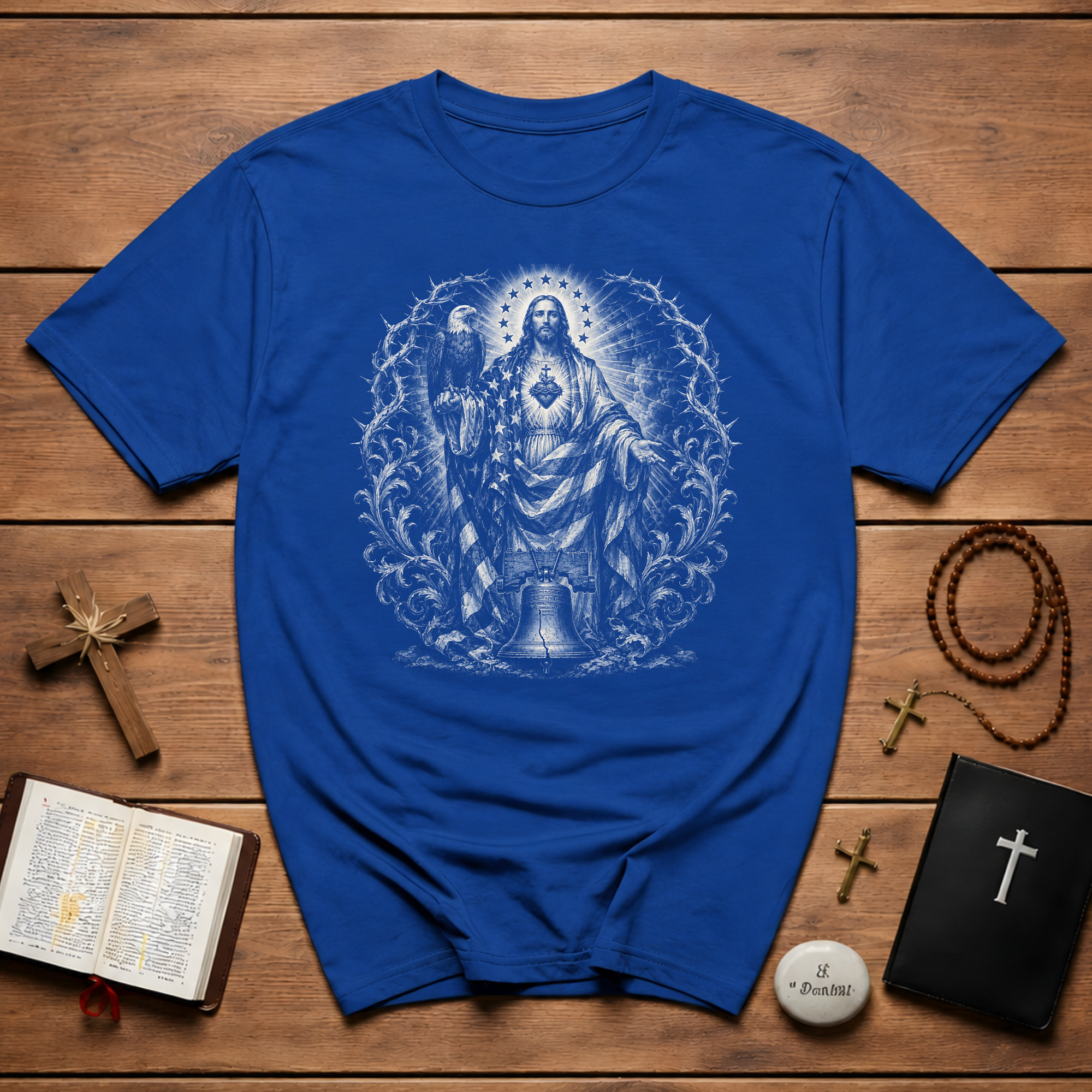 Jesus Sacred Heart American Flag Eagle And Liberty Bell Christian Patriotic USA Faith T-Shirt