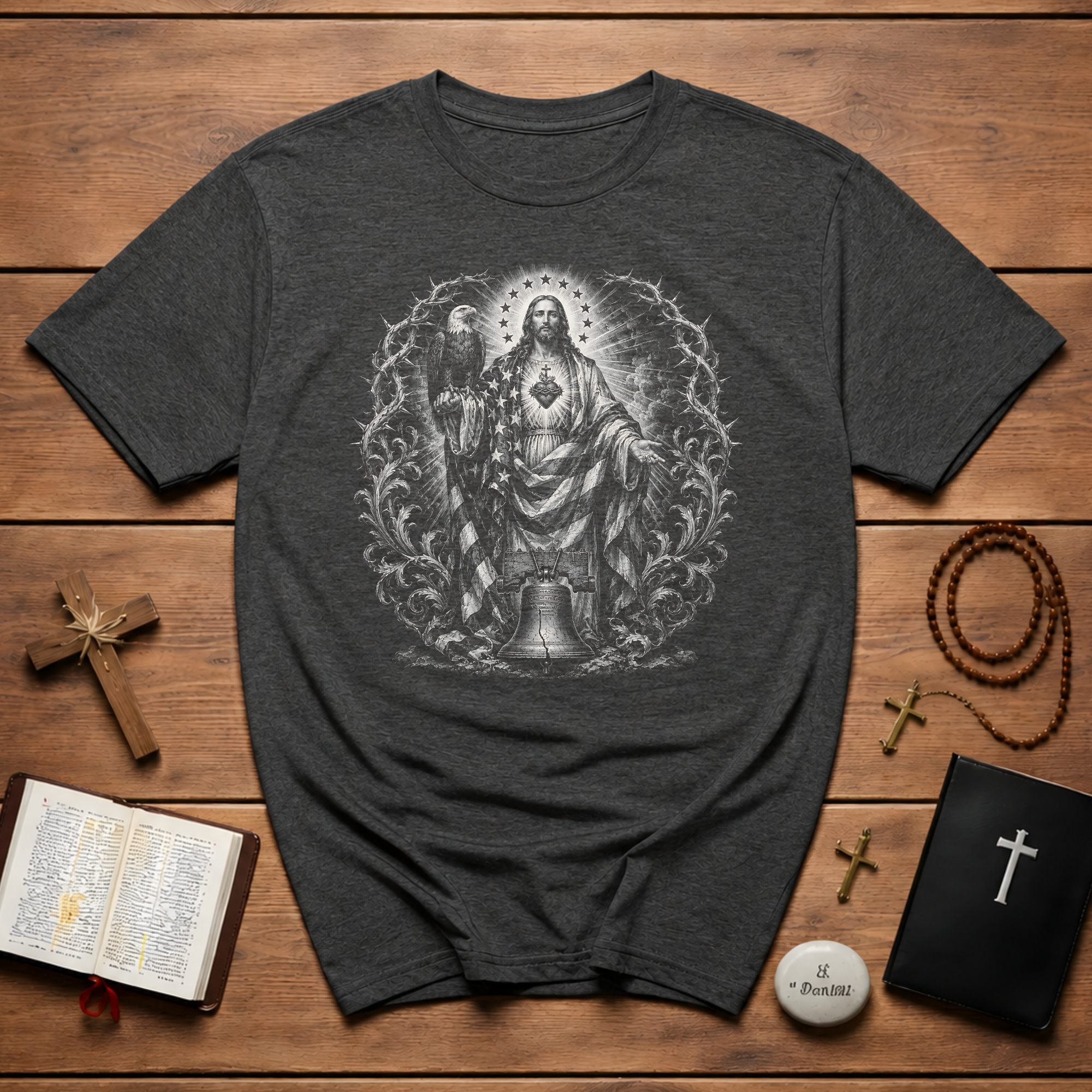 Jesus Sacred Heart American Flag Eagle And Liberty Bell Christian Patriotic USA Faith T-Shirt