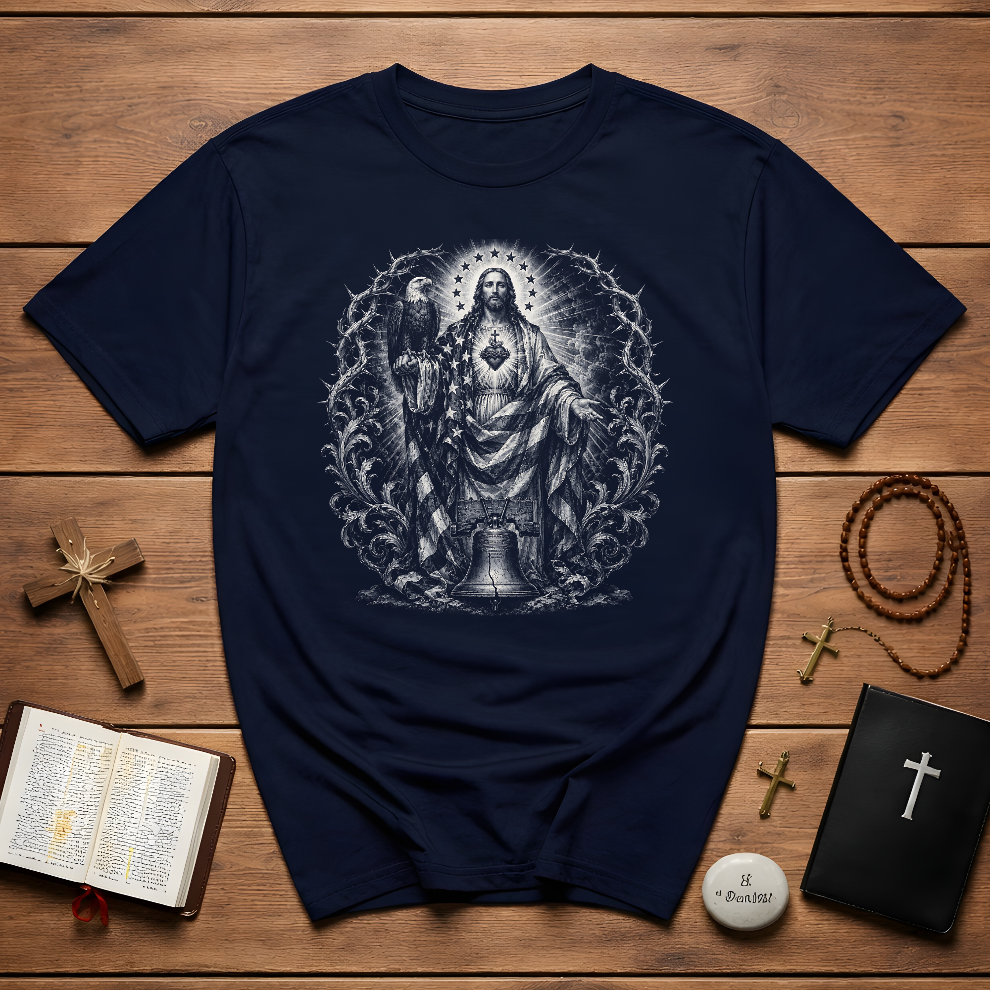 Jesus Sacred Heart American Flag Eagle And Liberty Bell Christian Patriotic USA Faith T-Shirt