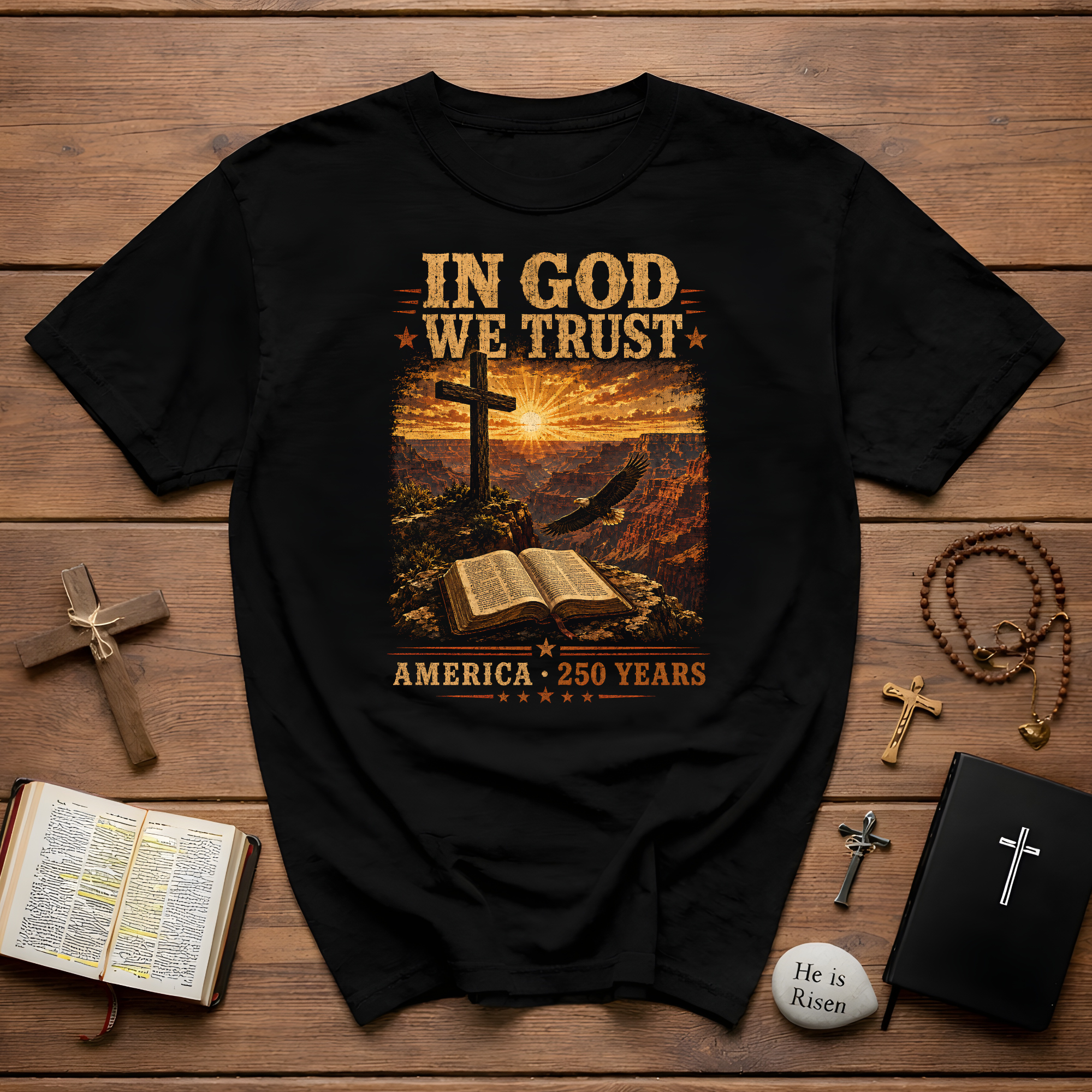 In God We Trust America 250 Years Christian Eagle Cross Bible Patriotic Faith T-Shirt
