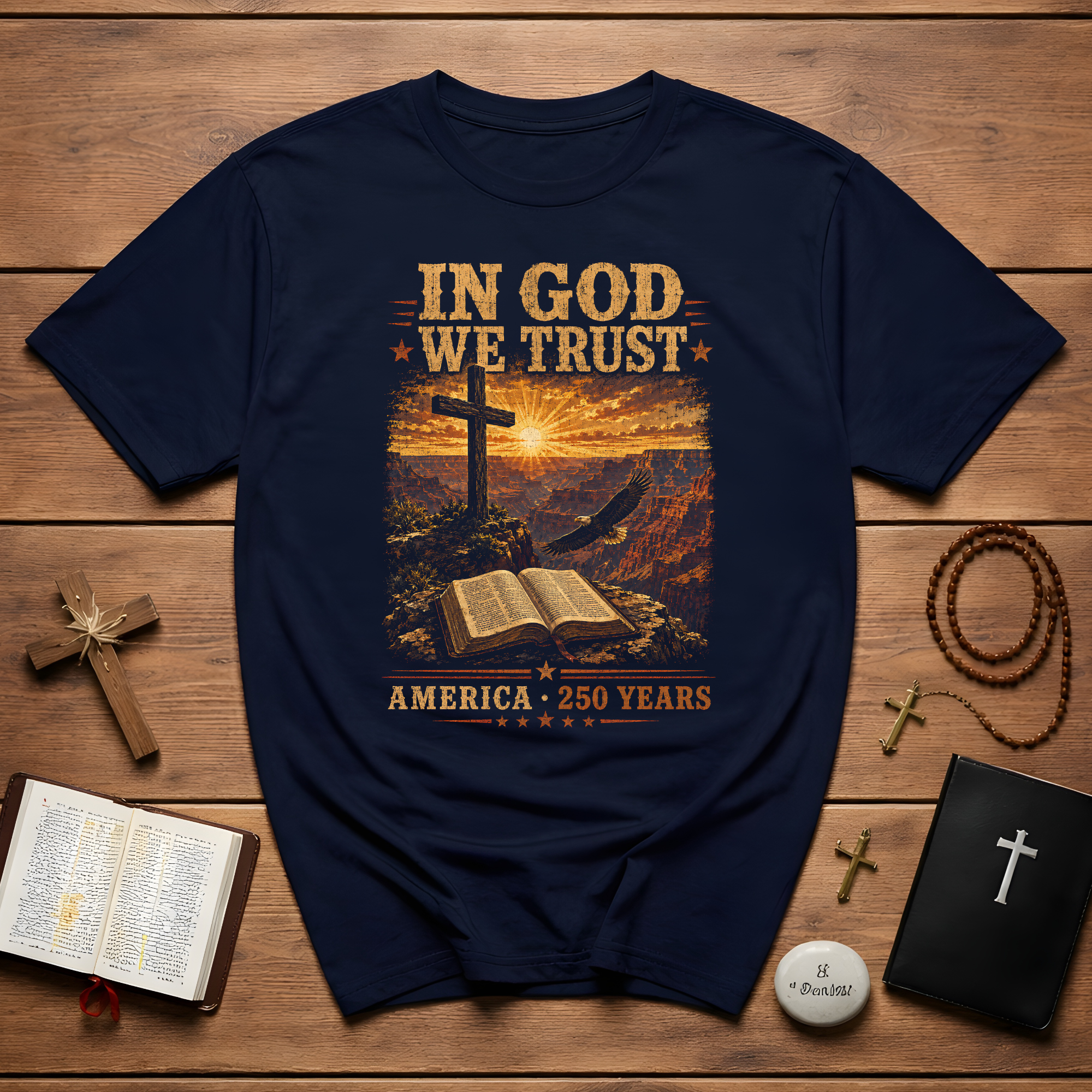 In God We Trust America 250 Years Christian Eagle Cross Bible Patriotic Faith T-Shirt
