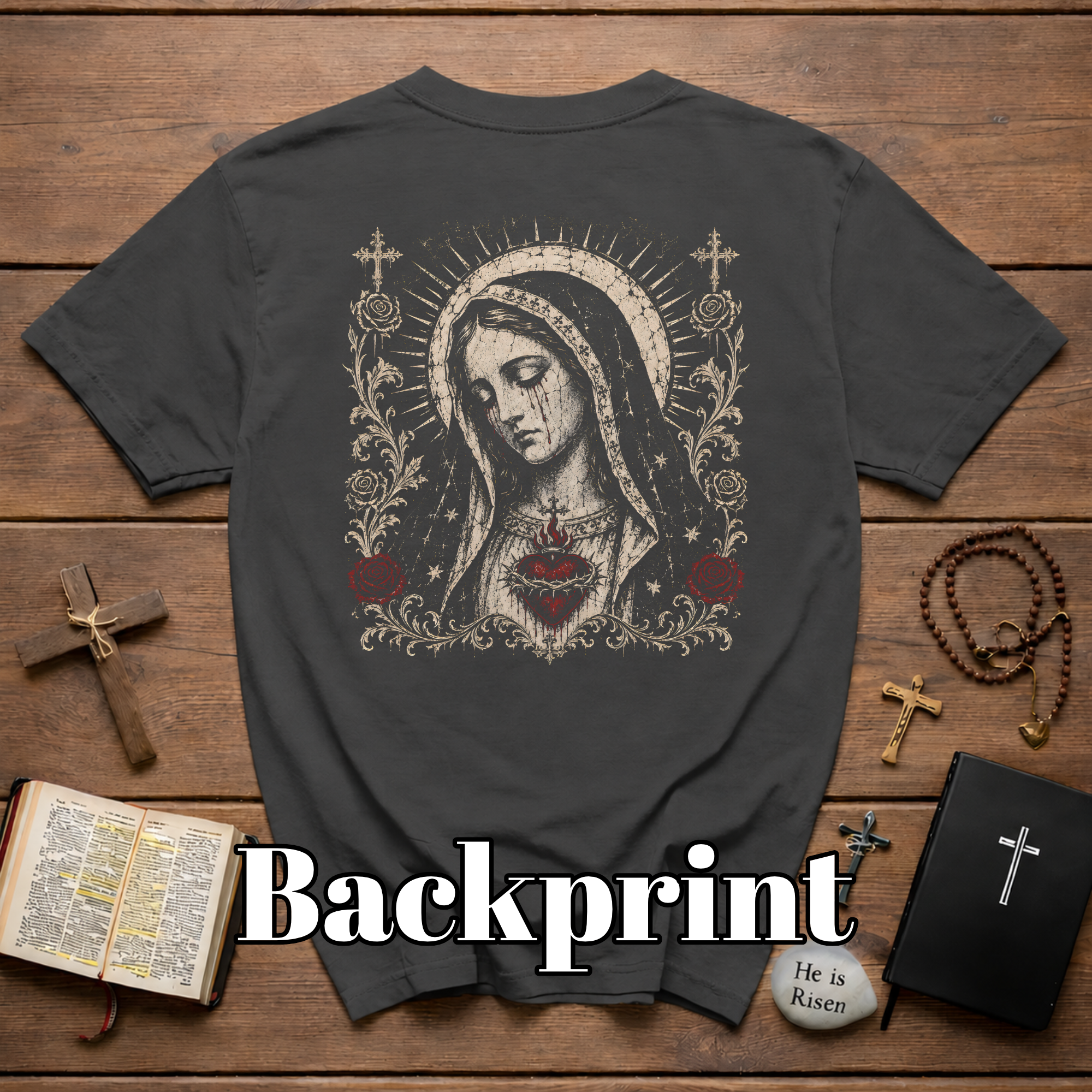 BACKPRINT Virgin Mary Sacred Heart Gothic Catholic Our Lady Of Sorrows With Crosses And Red Roses T-Shirt
