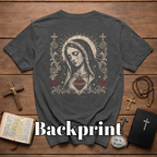 BACKPRINT Virgin Mary Sacred Heart Gothic Catholic Our Lady Of Sorrows With Crosses And Red Roses T-Shirt