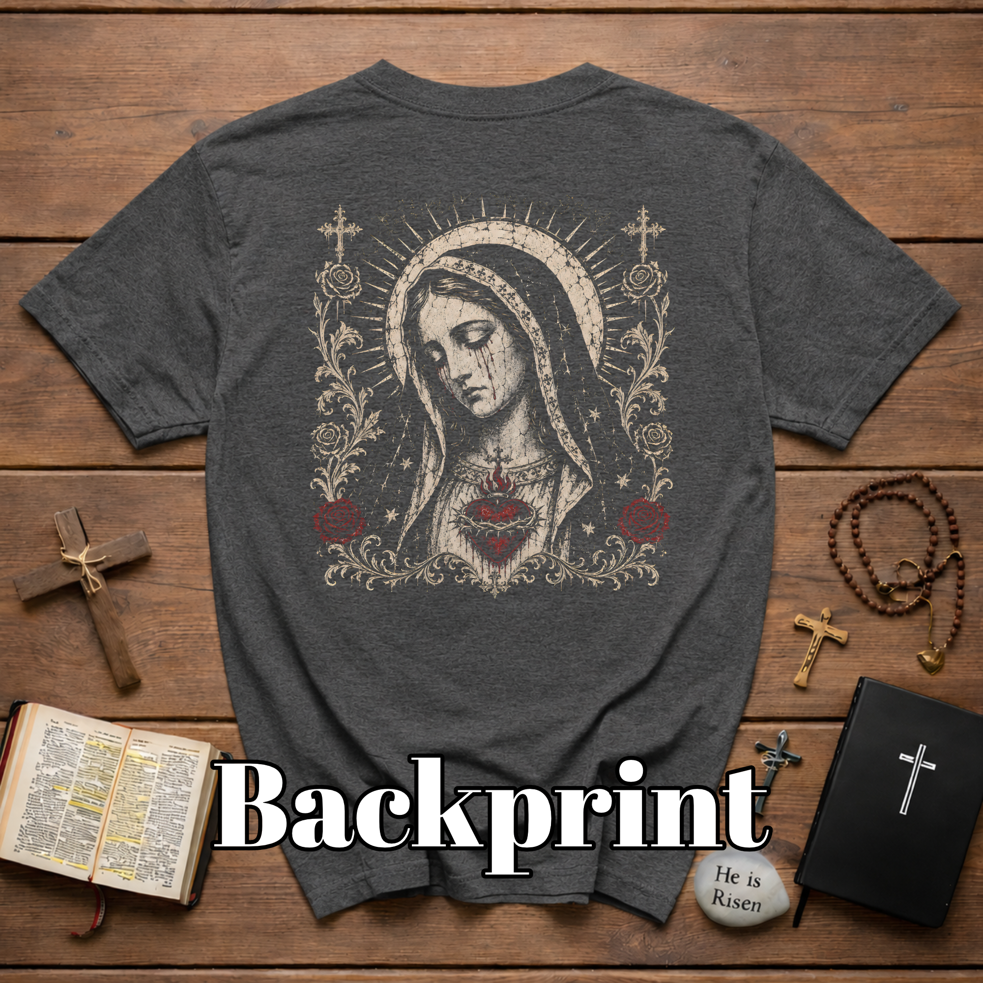BACKPRINT Virgin Mary Sacred Heart Gothic Catholic Our Lady Of Sorrows With Crosses And Red Roses T-Shirt