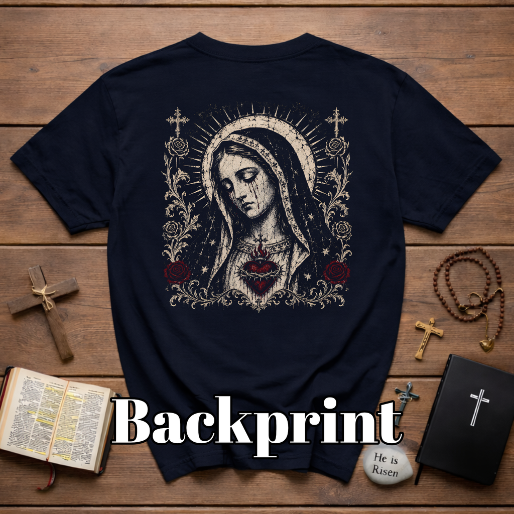 BACKPRINT Virgin Mary Sacred Heart Gothic Catholic Our Lady Of Sorrows With Crosses And Red Roses T-Shirt