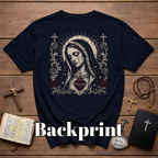 BACKPRINT Virgin Mary Sacred Heart Gothic Catholic Our Lady Of Sorrows With Crosses And Red Roses T-Shirt