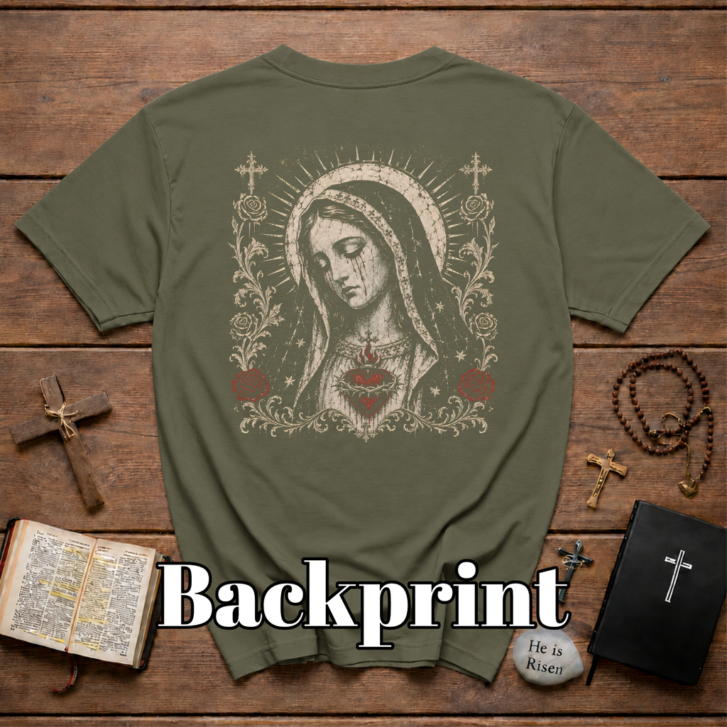 BACKPRINT Virgin Mary Sacred Heart Gothic Catholic Our Lady Of Sorrows With Crosses And Red Roses T-Shirt