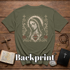 BACKPRINT Virgin Mary Sacred Heart Gothic Catholic Our Lady Of Sorrows With Crosses And Red Roses T-Shirt