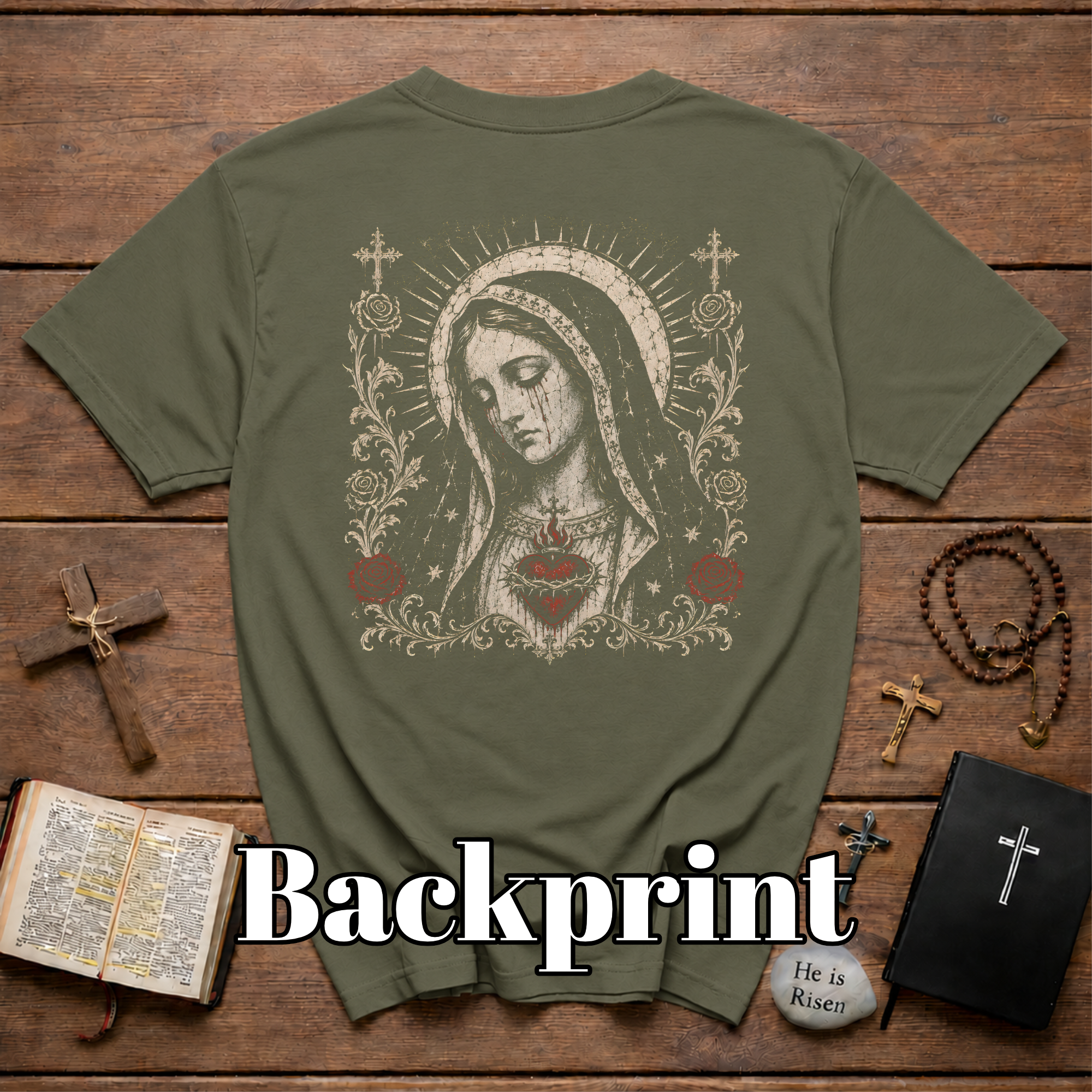 BACKPRINT Virgin Mary Sacred Heart Gothic Catholic Our Lady Of Sorrows With Crosses And Red Roses T-Shirt