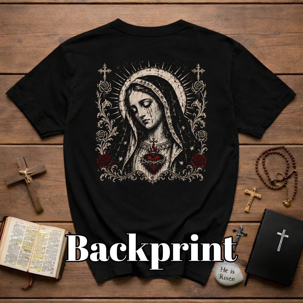 BACKPRINT Virgin Mary Sacred Heart Gothic Catholic Our Lady Of Sorrows With Crosses And Red Roses T-Shirt