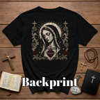 BACKPRINT Virgin Mary Sacred Heart Gothic Catholic Our Lady Of Sorrows With Crosses And Red Roses T-Shirt