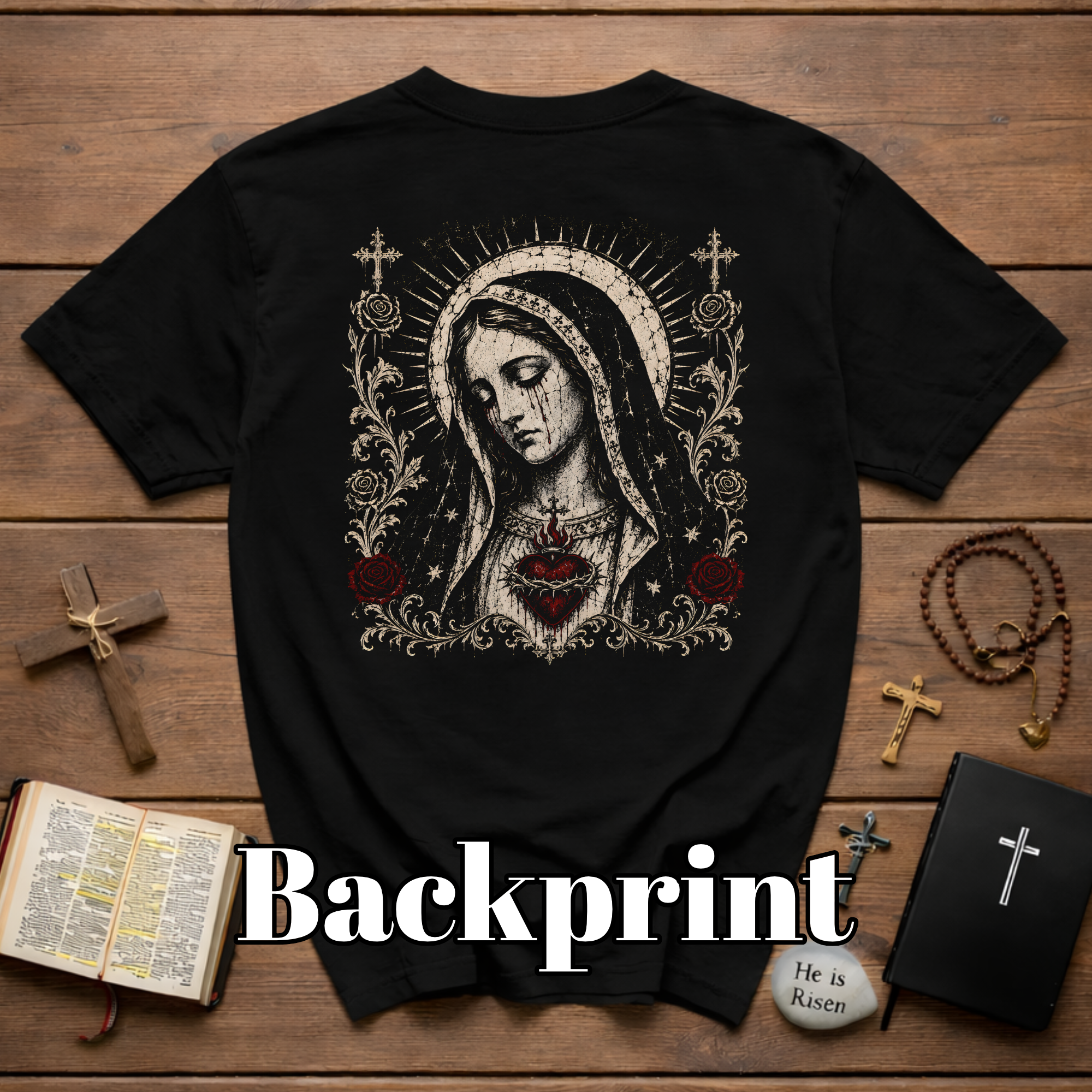 BACKPRINT Virgin Mary Sacred Heart Gothic Catholic Our Lady Of Sorrows With Crosses And Red Roses T-Shirt