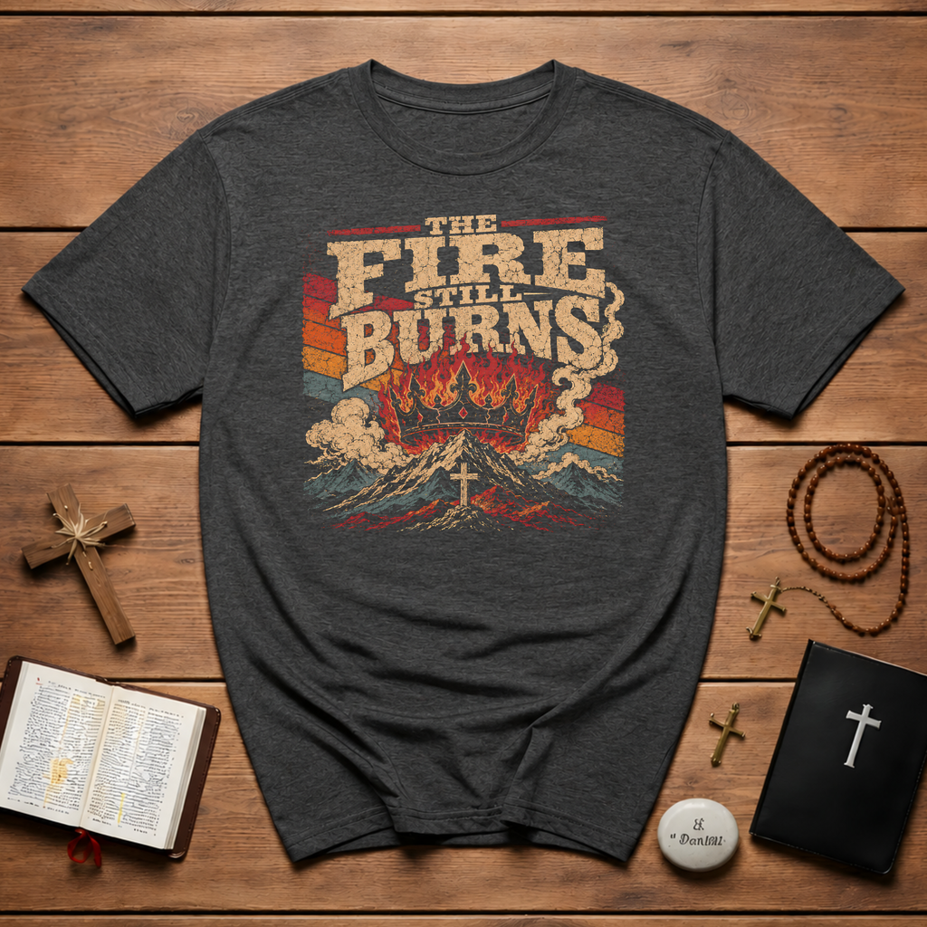 The Fire Still Burns Christian Revival Cross Crown Retro Vintage Faith Jesus T-Shirt