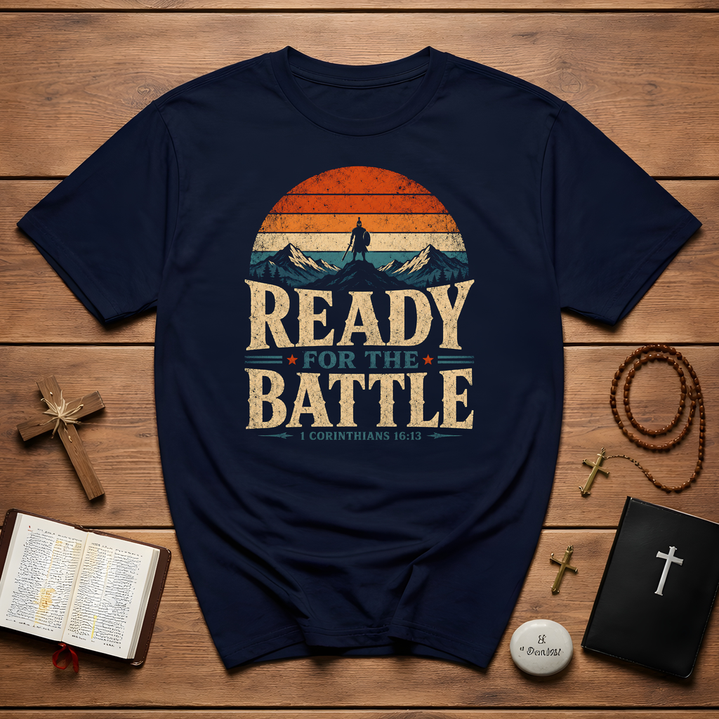 Ready For The Battle 1 Corinthians 16 13 Christian Warrior Mountain Sunset T-Shirt