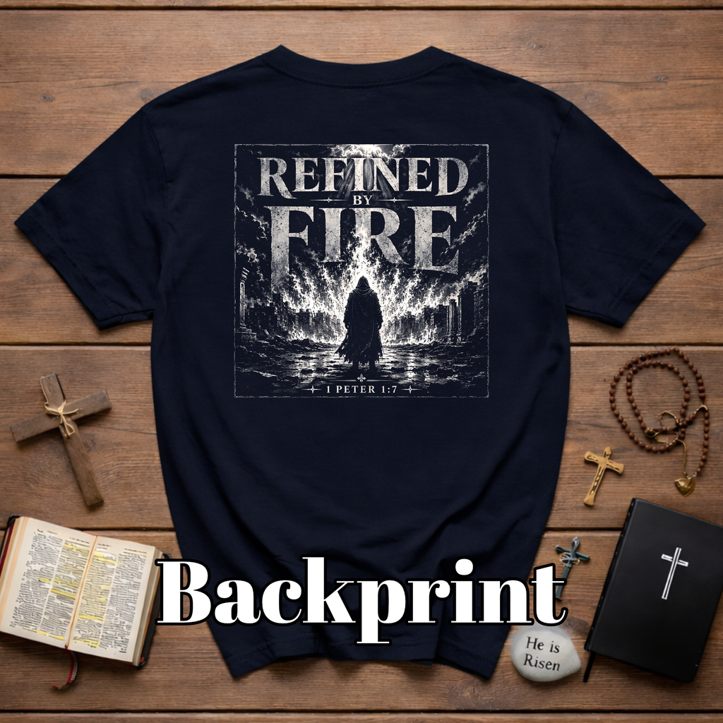 Refined By Fire 1 Peter 1 7 Christian Bible Verse Faith Through Trials Scripture Inspiration T-Shirt