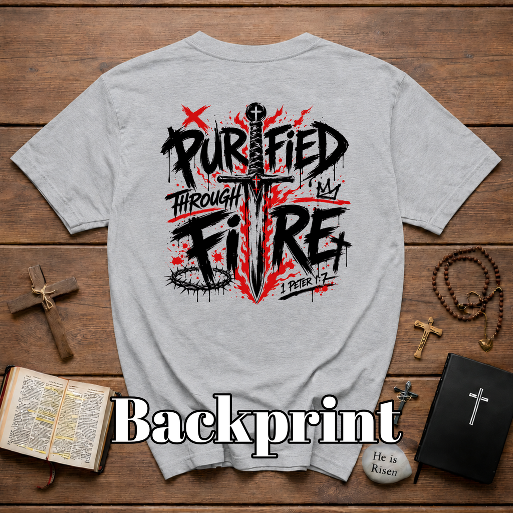 Purified Through Fire Christian Sword Cross 1 Peter 1 7 Bible Verse Faith