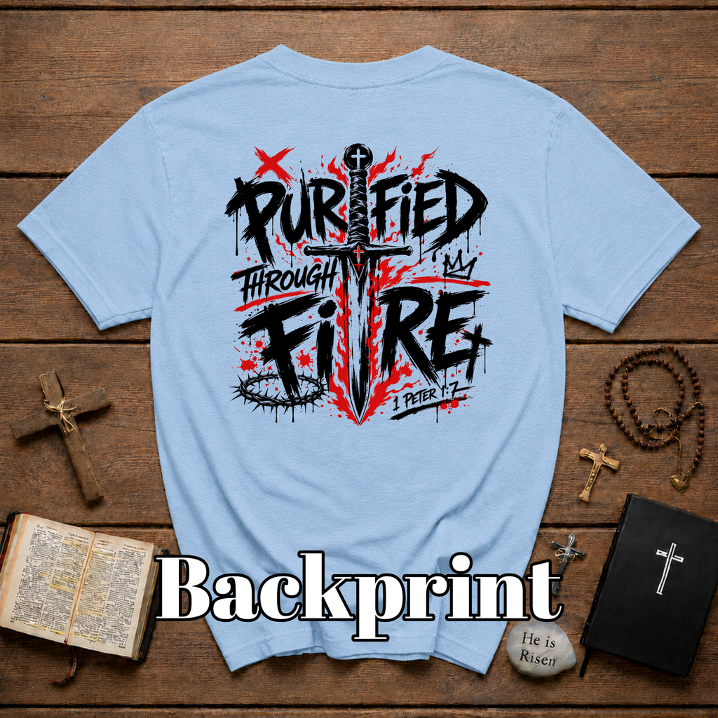 Purified Through Fire Christian Sword Cross 1 Peter 1 7 Bible Verse Faith