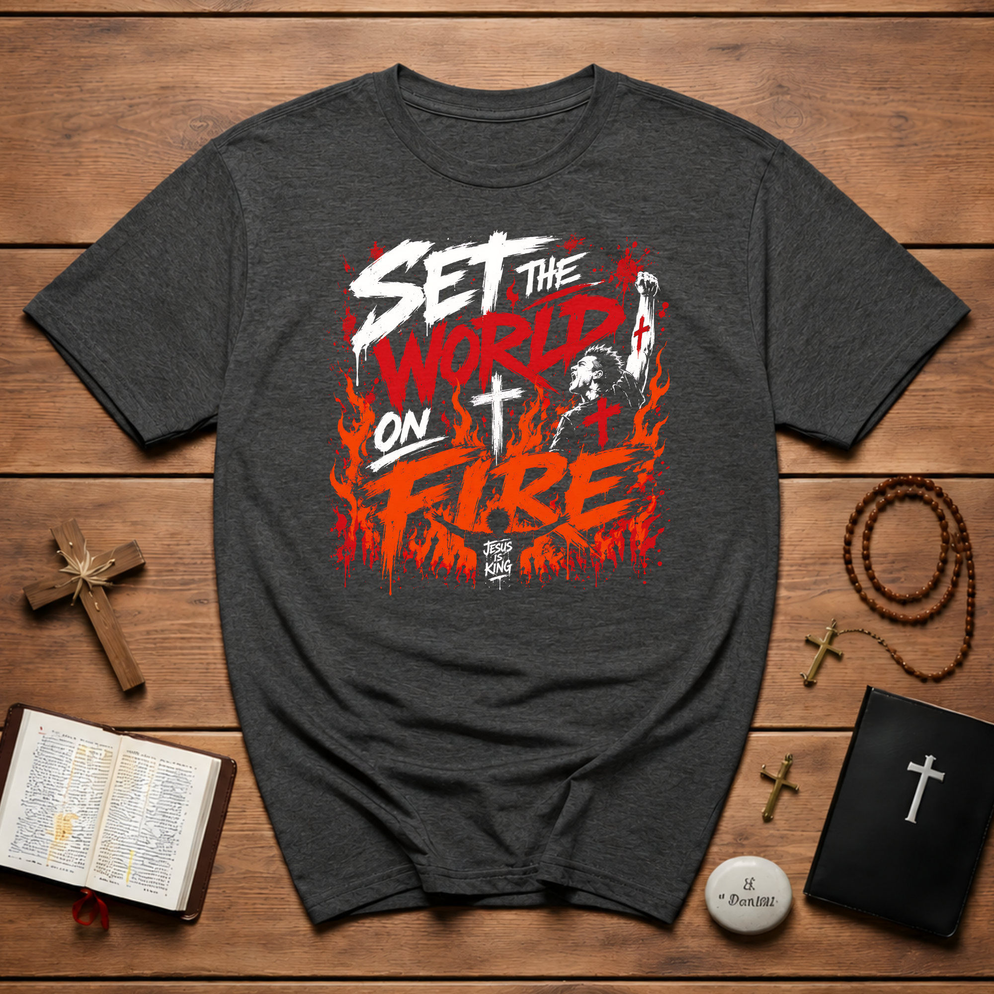 Set The World On Fire Jesus Is King Christian Revival Youth Ministry Evangelism Art T-Shirt