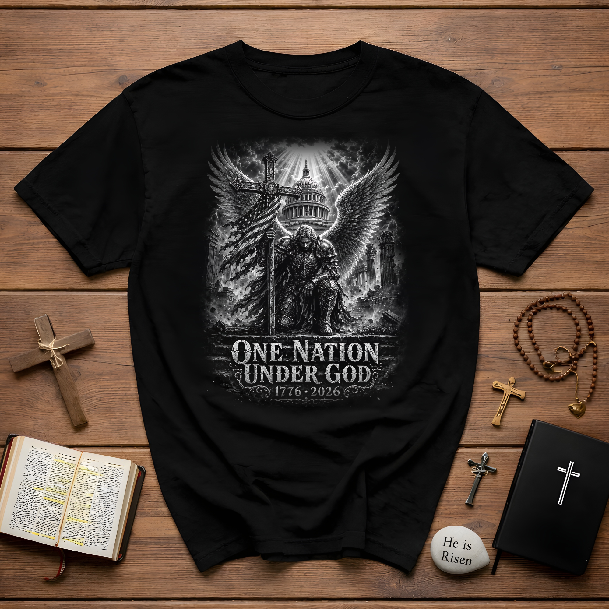 One Nation Under God 1776 2026 Christian Patriotic Archangel Warrior American Faith Freedom T-Shirt