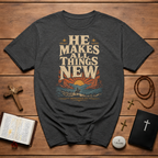 He Makes All Things New Revelation 21 5 Western Christian Cowboy Sunrise Bible Verse T-Shirt