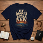 He Makes All Things New Revelation 21 5 Western Christian Cowboy Sunrise Bible Verse T-Shirt