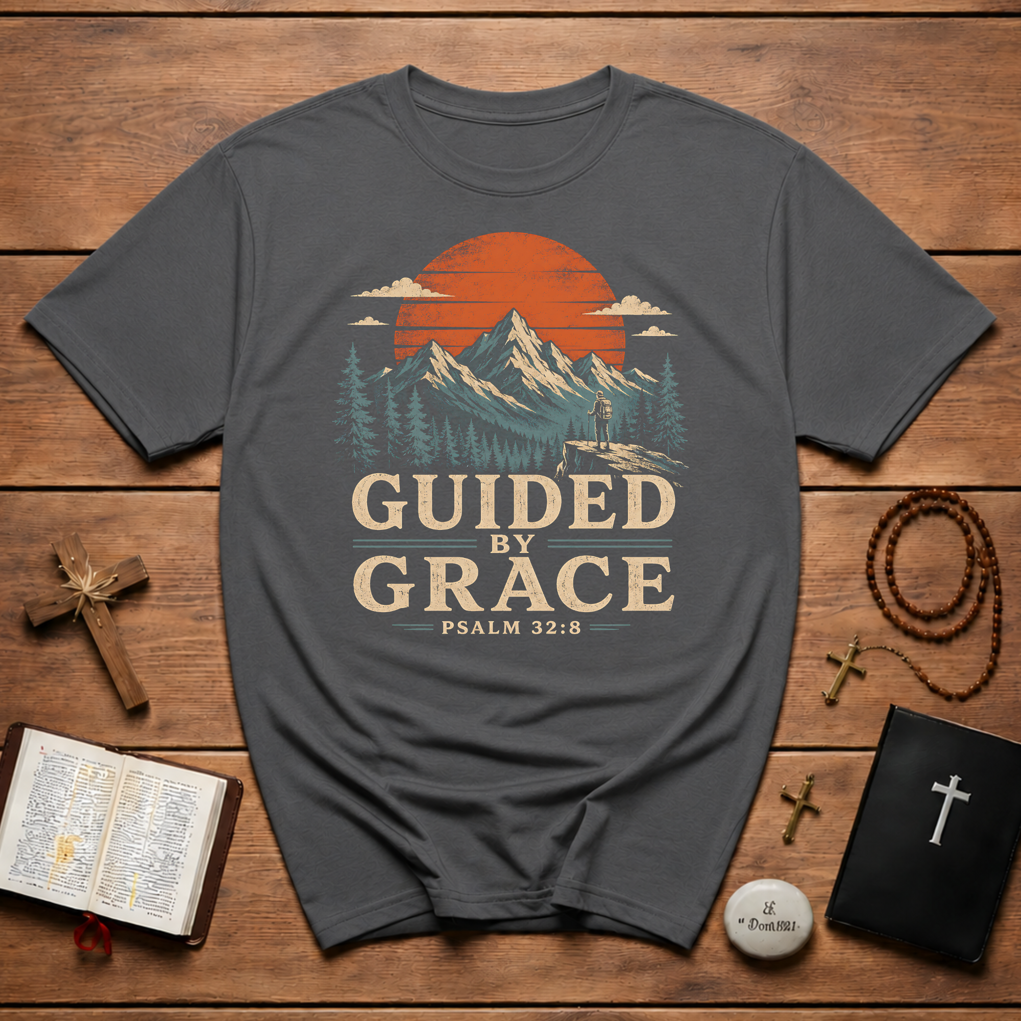 Guided By Grace Psalm 32 8 Christian Hiking Mountain Bible Verse Faith Outdoors T-Shirt