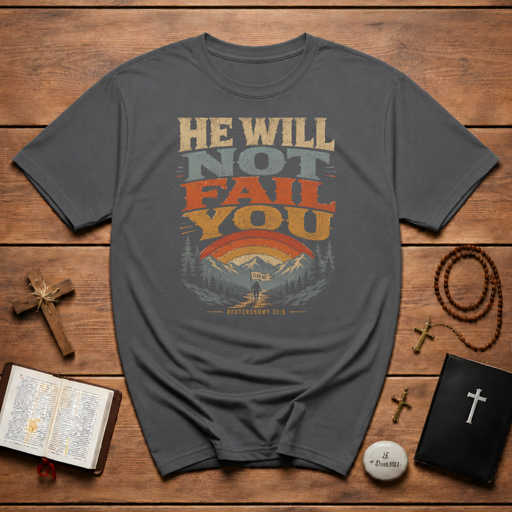 He Will Not Fail You Fear Not Deuteronomy 31 6 Christian Mountain Hiking Bible Verse T-Shirt