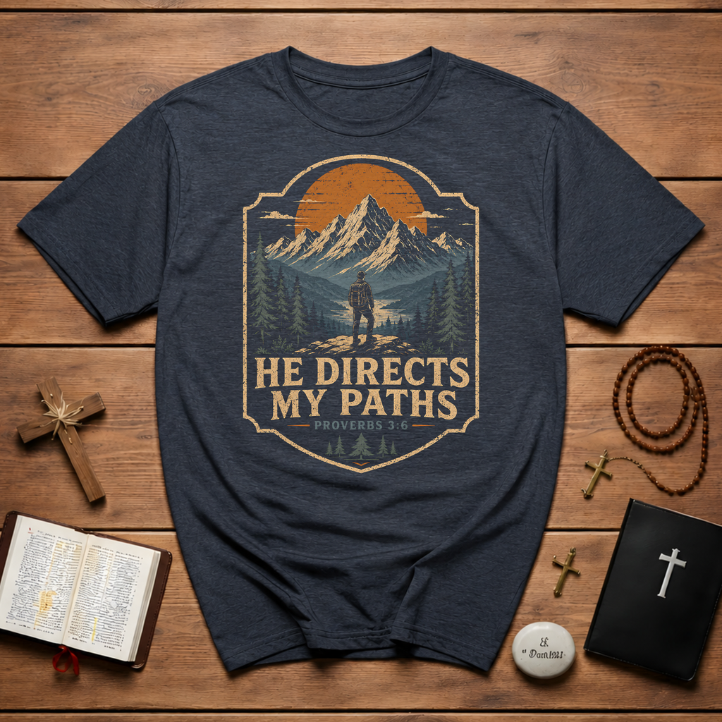 He Directs My Paths Proverbs 3 6 Christian Hiking Mountain Bible Verse Outdoor Faith Landscape T-Shirt