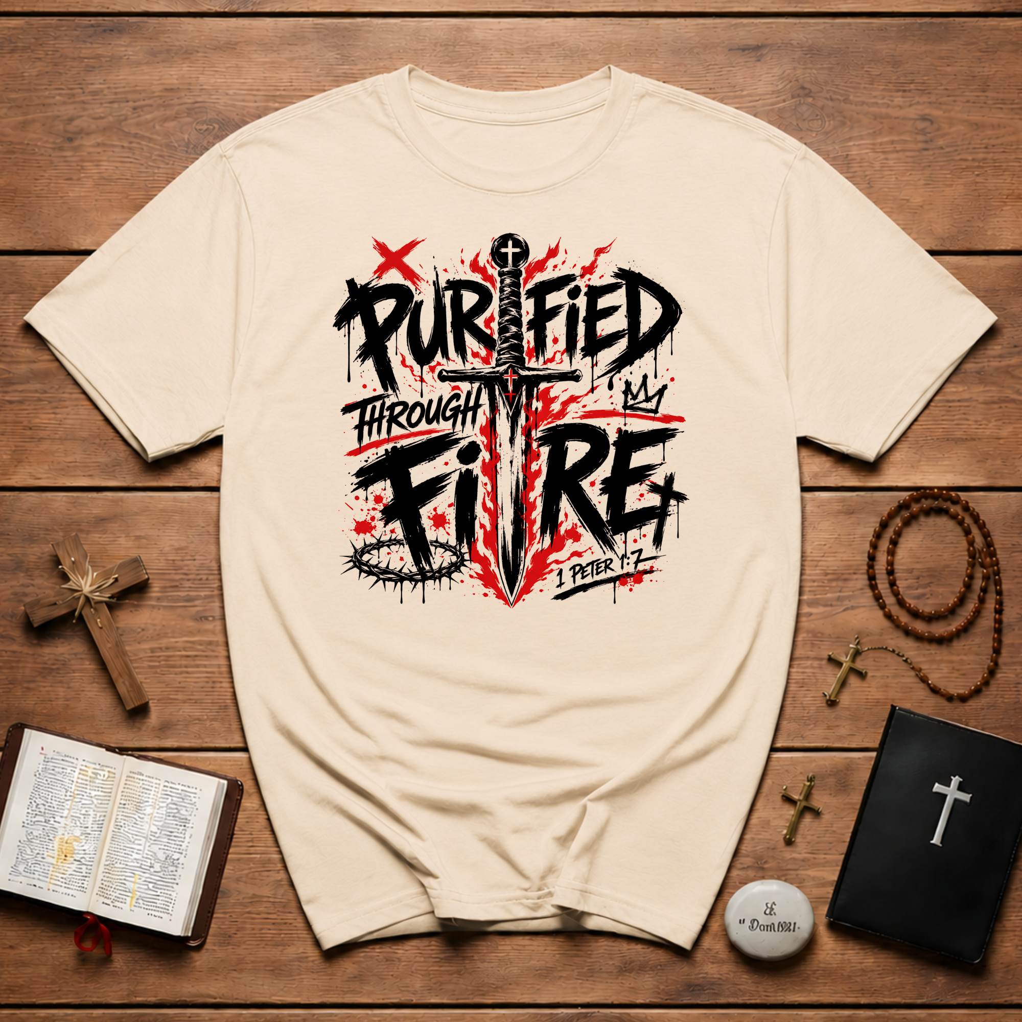 Purified Through Fire Christian Sword Cross 1 Peter 1 7 Bible Verse Faith