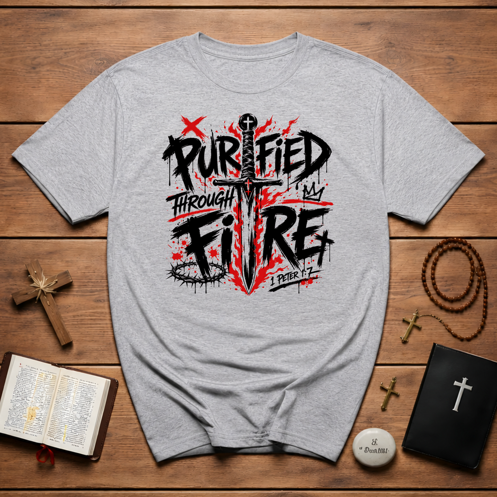 Purified Through Fire Christian Sword Cross 1 Peter 1 7 Bible Verse Faith