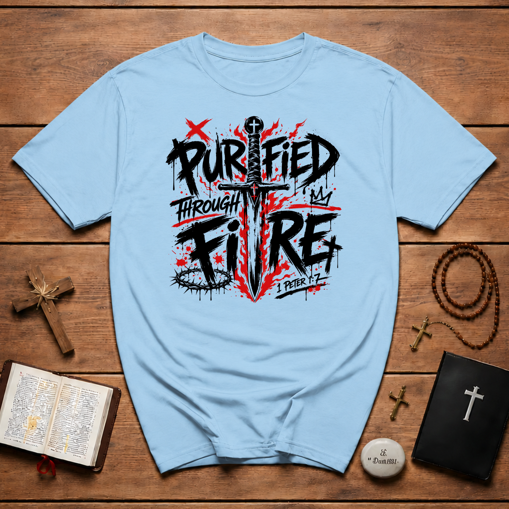 Purified Through Fire Christian Sword Cross 1 Peter 1 7 Bible Verse Faith