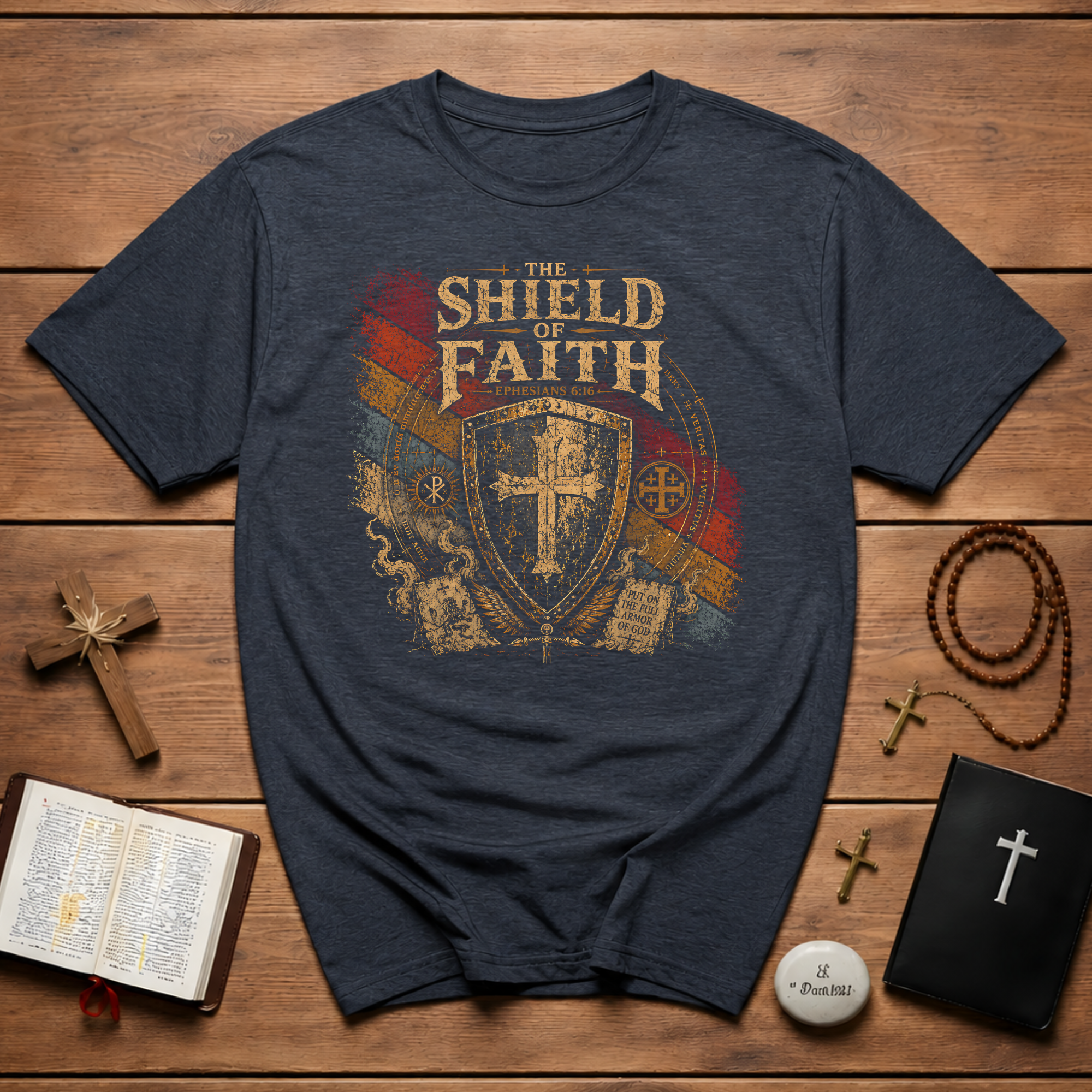 The Shield Of Faith Ephesians 6 16 Put On The Full Armor Of God Christian Warrior Cross Emblem T-Shirt