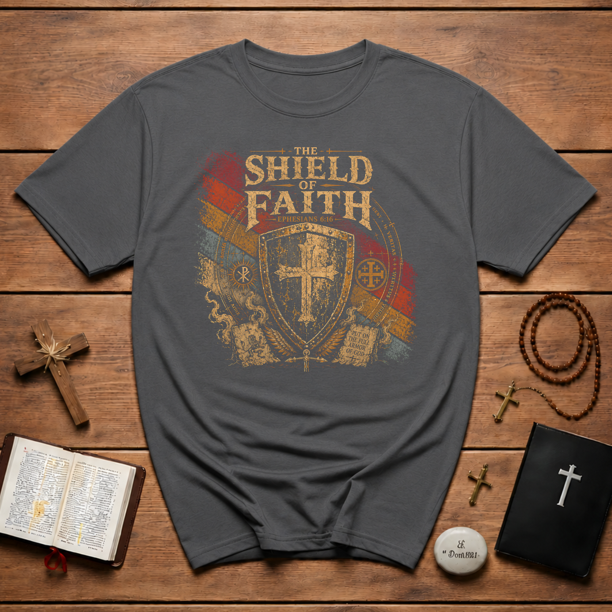 The Shield Of Faith Ephesians 6 16 Put On The Full Armor Of God Christian Warrior Cross Emblem T-Shirt