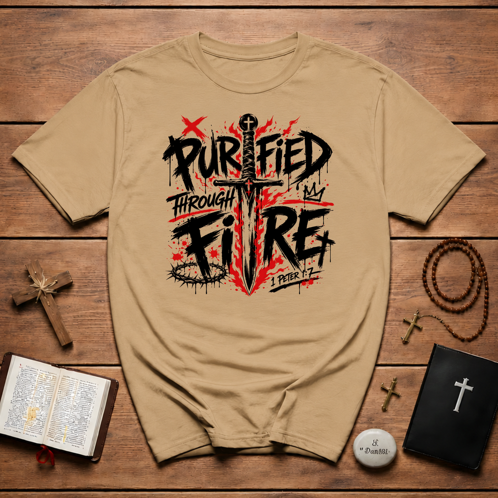 Purified Through Fire Christian Sword Cross 1 Peter 1 7 Bible Verse Faith