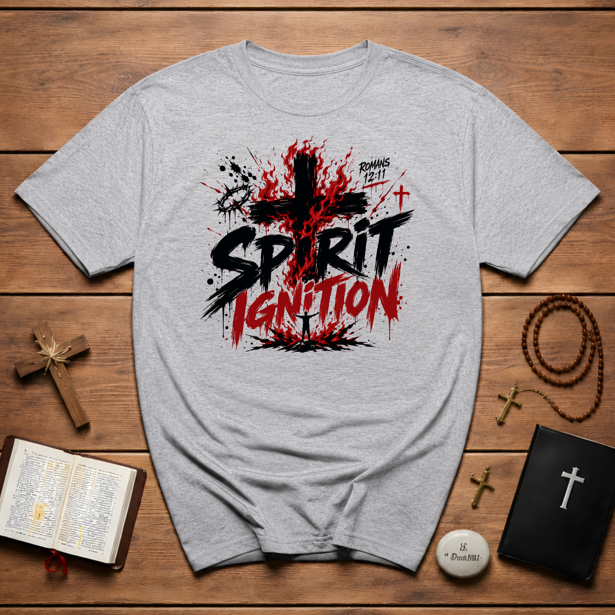 Spirit Ignition Romans 12 11 Fiery Christian Cross Worship Revival Faith T-Shirt