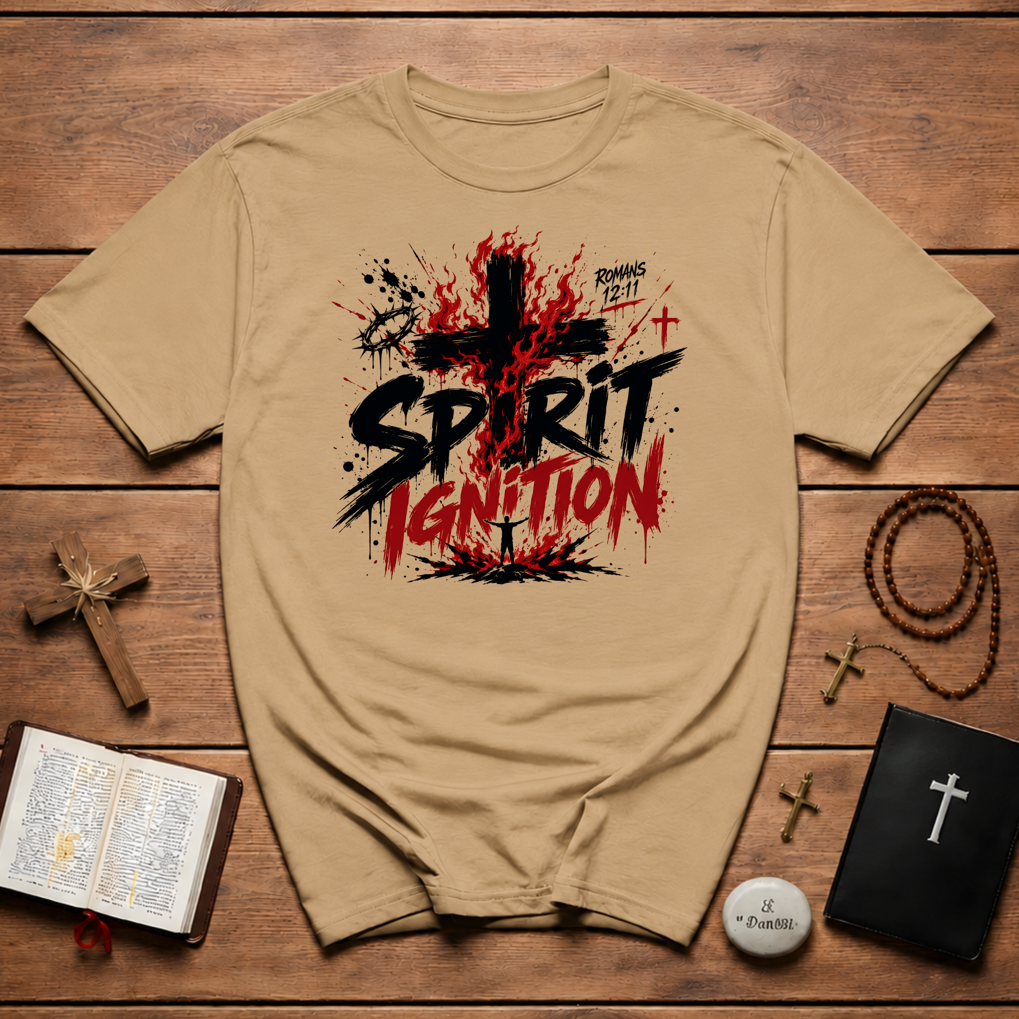 Spirit Ignition Romans 12 11 Fiery Christian Cross Worship Revival Faith T-Shirt