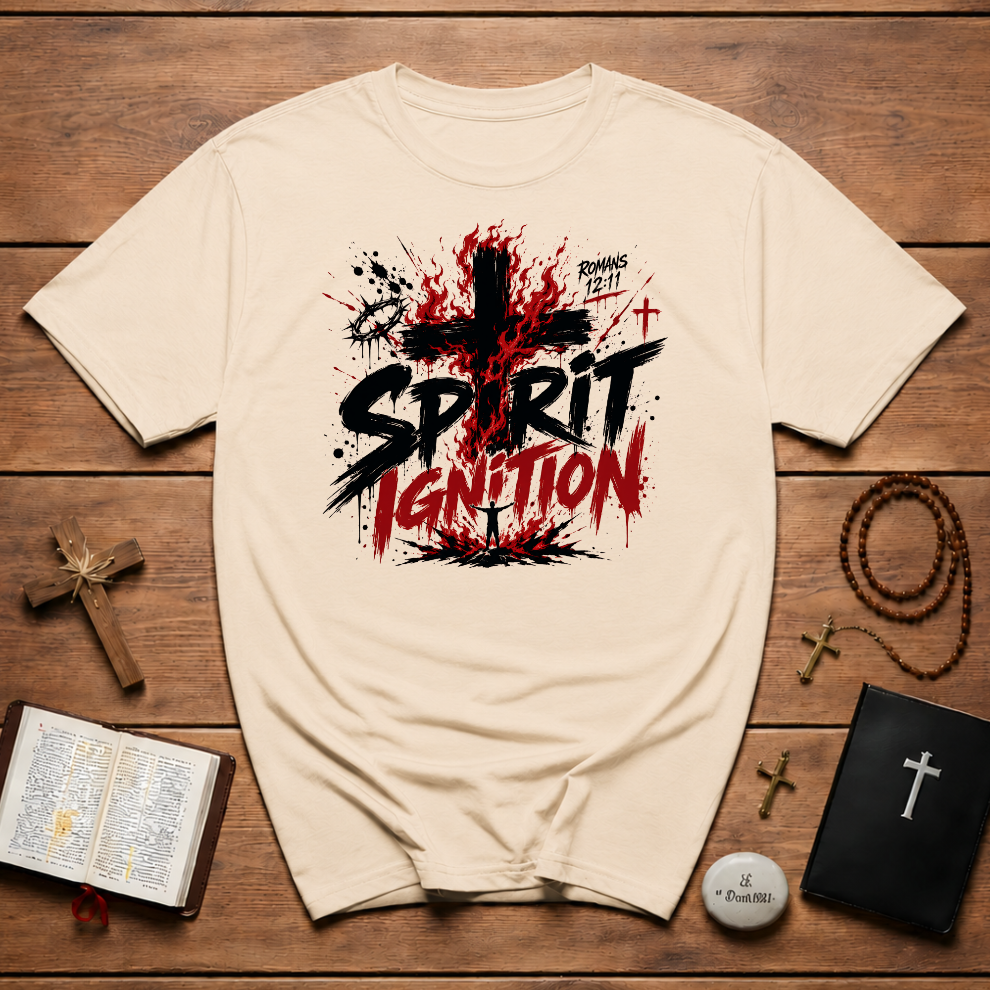 Spirit Ignition Romans 12 11 Fiery Christian Cross Worship Revival Faith T-Shirt