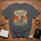 Armed Through Faith Christian Warrior Knight Helmet Swords Armor Of God Retro Sunset T-Shirt