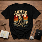 Armed Through Faith Christian Warrior Knight Helmet Swords Armor Of God Retro Sunset T-Shirt