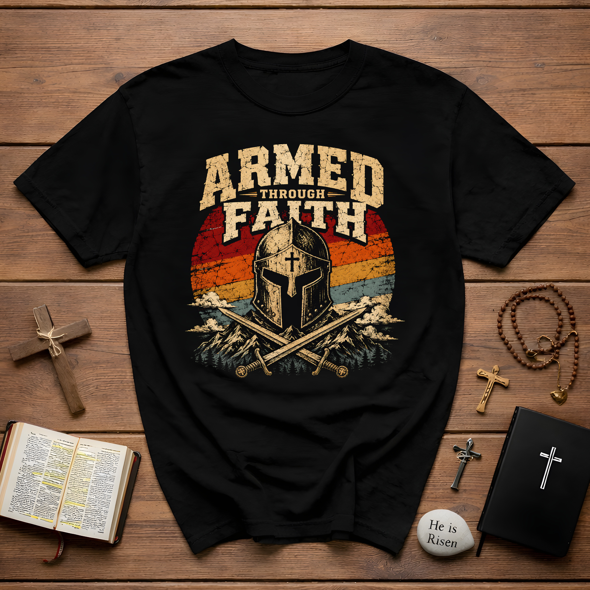 Armed Through Faith Christian Warrior Knight Helmet Swords Armor Of God Retro Sunset T-Shirt