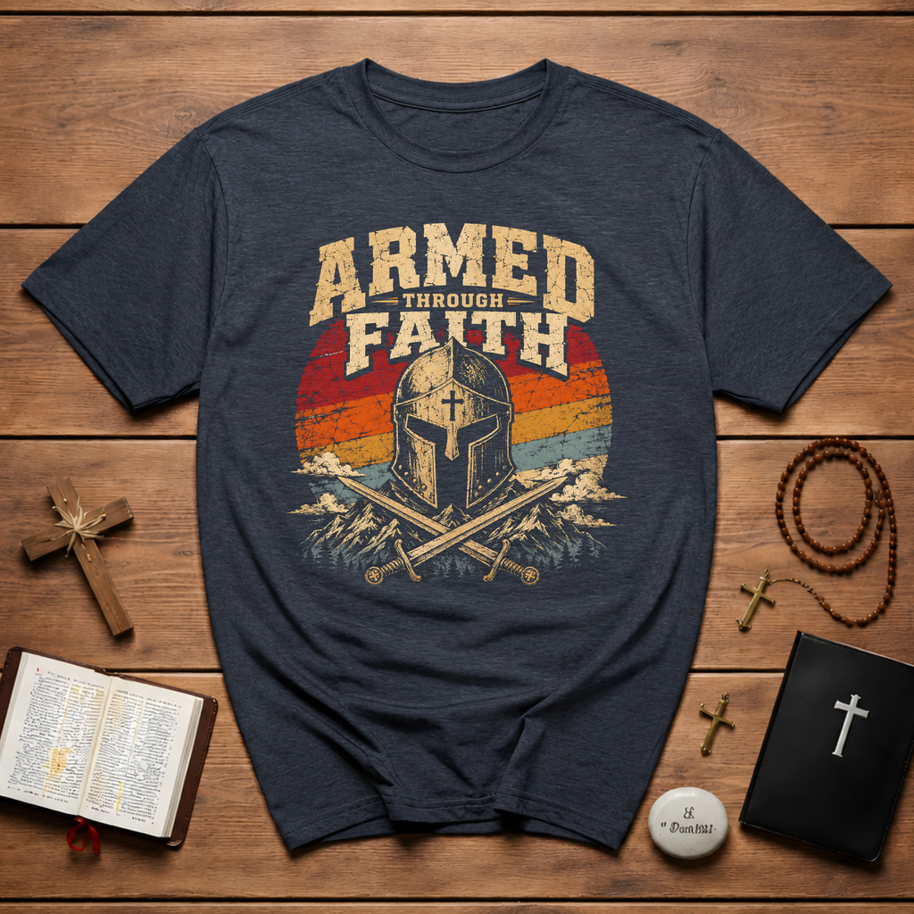 Armed Through Faith Christian Warrior Knight Helmet Swords Armor Of God Retro Sunset T-Shirt