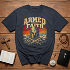 Armed Through Faith Christian Warrior Knight Helmet Swords Armor Of God Retro Sunset T-Shirt