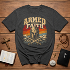 Armed Through Faith Christian Warrior Knight Helmet Swords Armor Of God Retro Sunset T-Shirt
